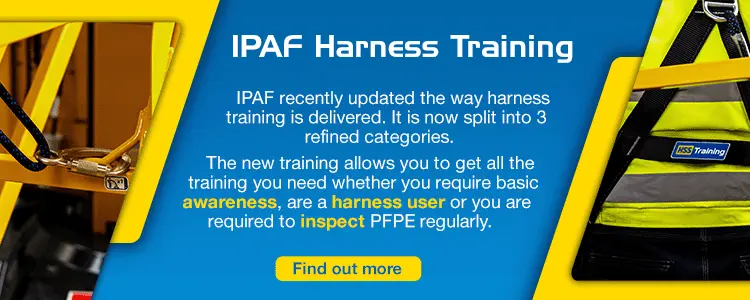 A blue and yellow promotional image for IPAF Harness training with HSS